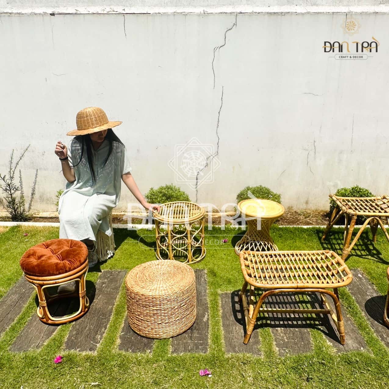 Bàn Đôn Mây Hoạ Tiết - Đôn Mây Gác Chân - Mây Tre Đan