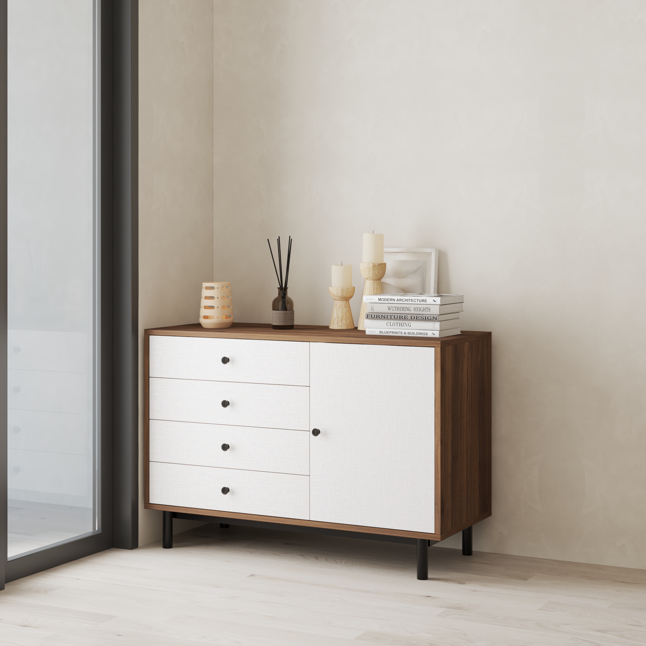 HAPPY FURNITURE , Tủ lưu trữ 4 ngăn kéo 1 cửa mở - LIVIK, THK_278 , 100cm x 40cm x 68cm DxRxC