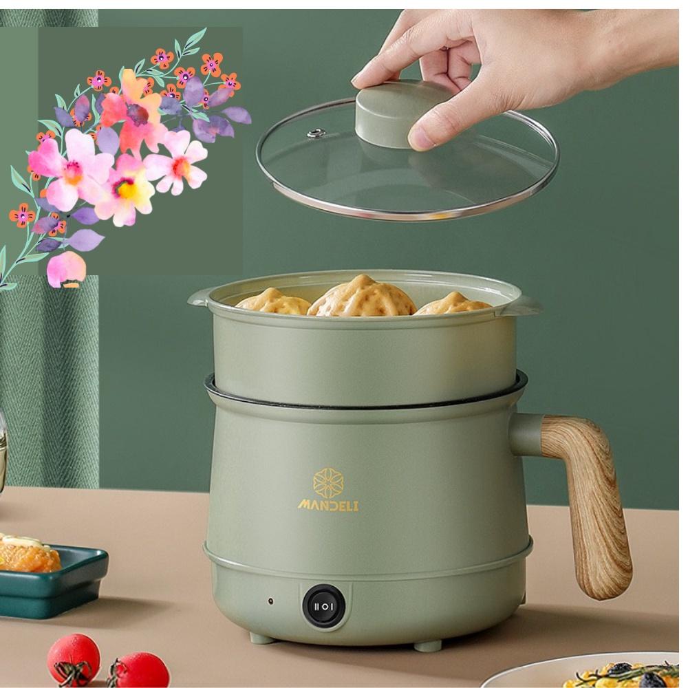 Nồi Nấu Lẩu Mini, Nấu Cơm Đa Năng Có Tay Cầm Gỗ 1,8L - 2 Nấc Nhiệt Kèm Giá Hấp
