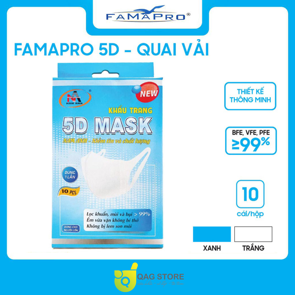Khẩu trang y tế kháng khuẩn 3 lớp Famapro 5D Mask/ Tiêu chuẩn quốc tế hộp 10 cái dây vải