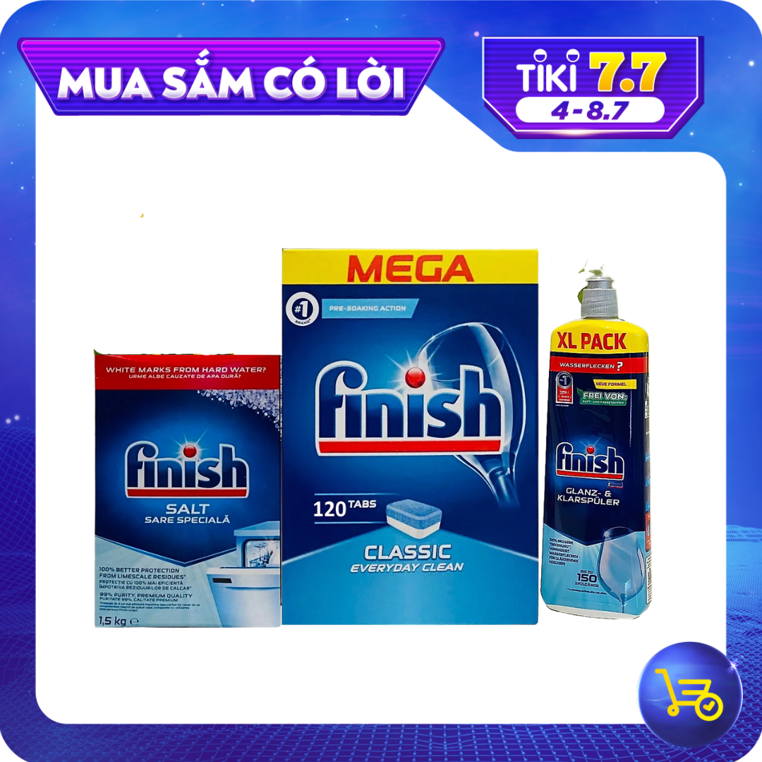 Combo muối rửa bát Finish 1,5kg+viên rửa bát Finish 120 viên+Nước làm bóng bát chén finish 800ml