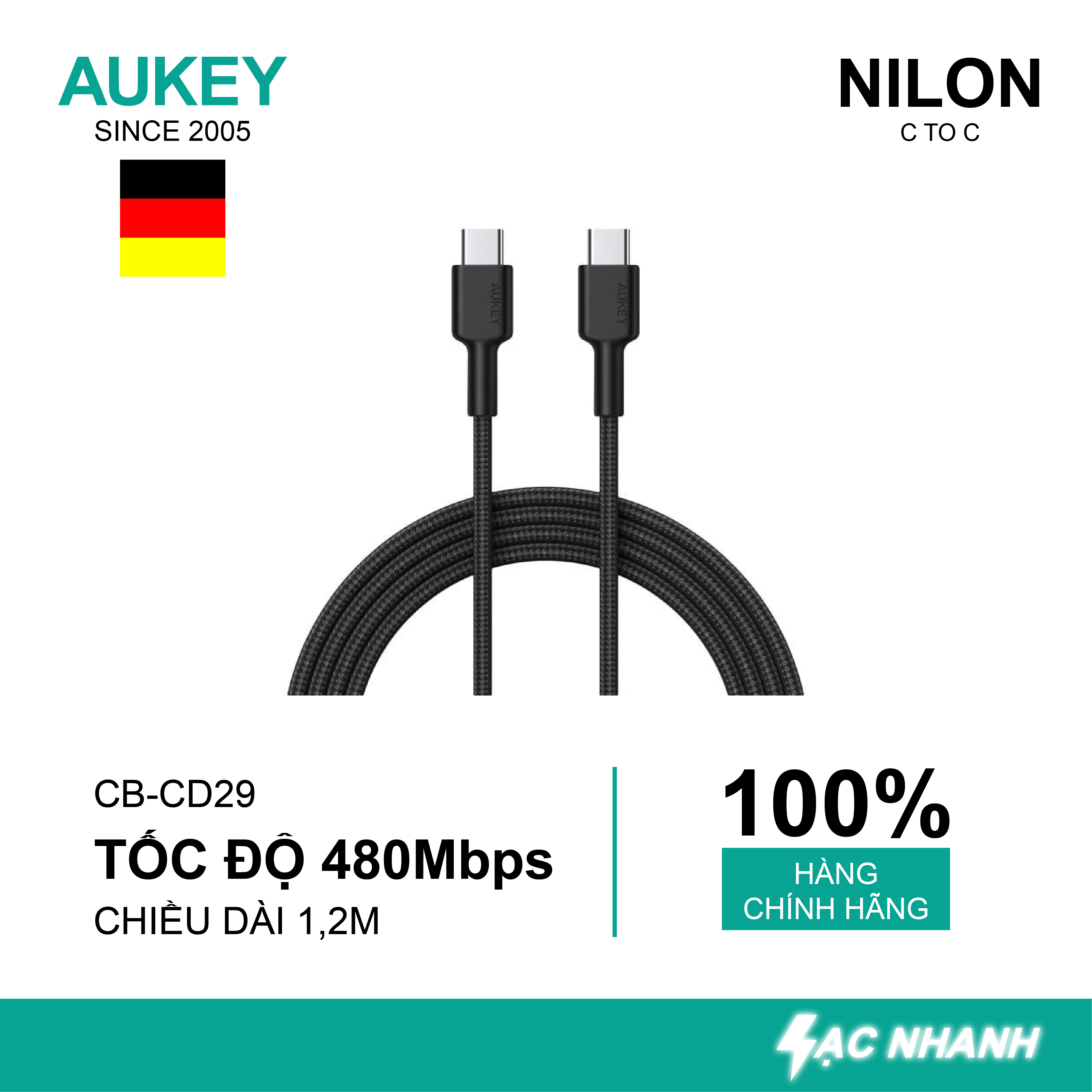 Dây Cáp Sạc USB Type-C Aukey CB-CD29 (1m2) - Hàng Chính Hãng