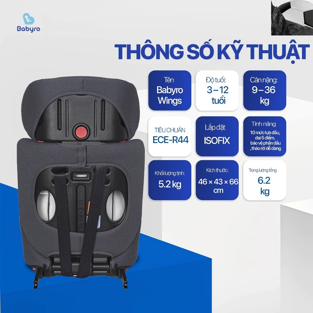 Ghế ngồi ô tô Babyro Wing, cho bé 3-12 tuổi, lắp đặt isofix, gấp gọn - hàng chính hãng