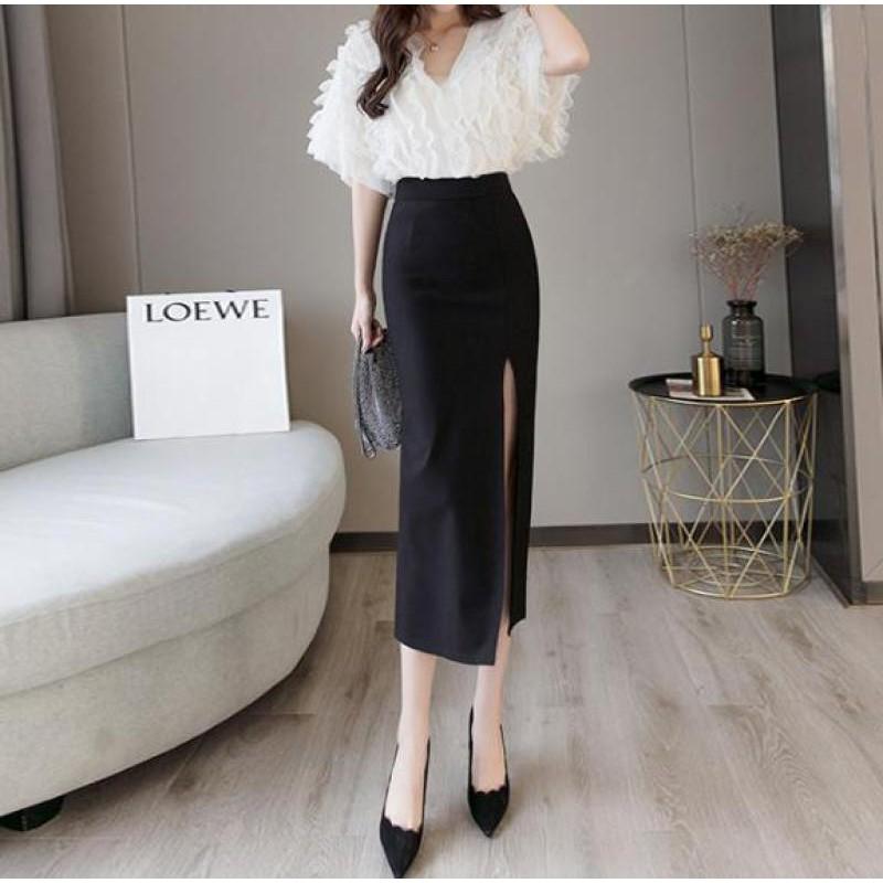 Chân váy công sở dài bigsize CR70V12 xẻ tà trước màu đen dài 70cm