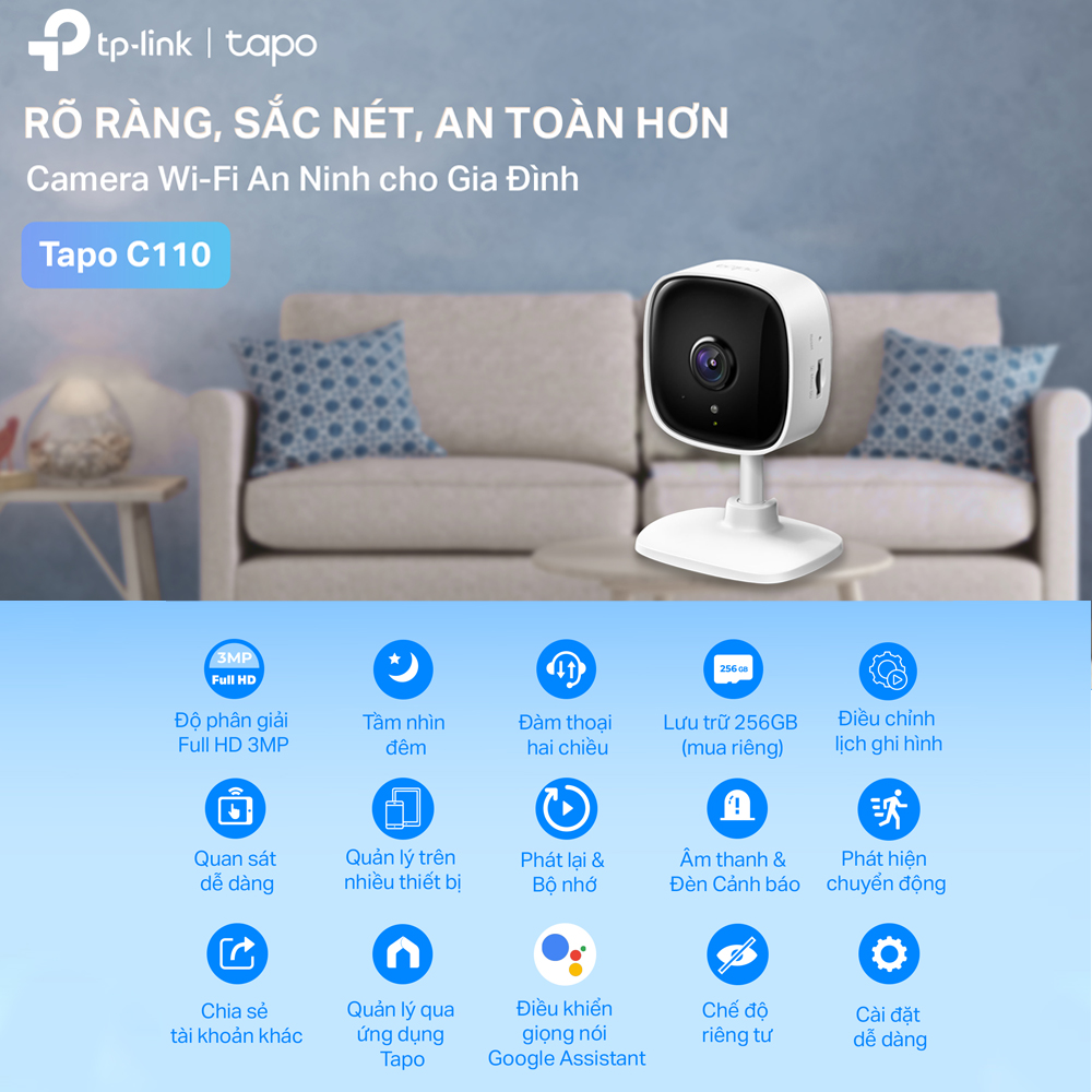 Camera WiFi Thông Minh TP-Link Tapo C110 Độ Phân Giải 3MP An Ninh Gia Đình - Hàng Chính Hãng