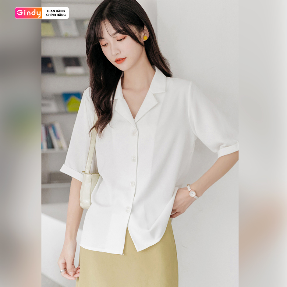 Áo sơ mi nữ tay ngắn đẹp cổ vest Hàn Quốc thời trang nữ công sở sinh viên cúc vuông GINDY A10114