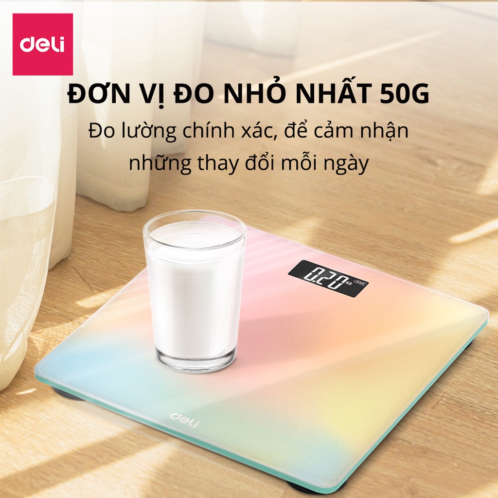 Cân Điện Tử Sức Khoẻ Thông Minh Mặt Vuông Kính Cường Lực Chịu Lực 180Kg Deli - Phù Hợp Gia Đình Trường Học - Nhiều Màu Sắc - Hàng Chính Hãng - E86120