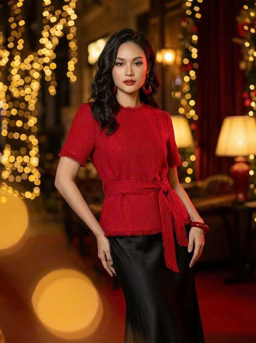 Áo Thắt Eo Peplum Tweed Đỏ Thanh Minh Top242 thời trang thiết kế Hity