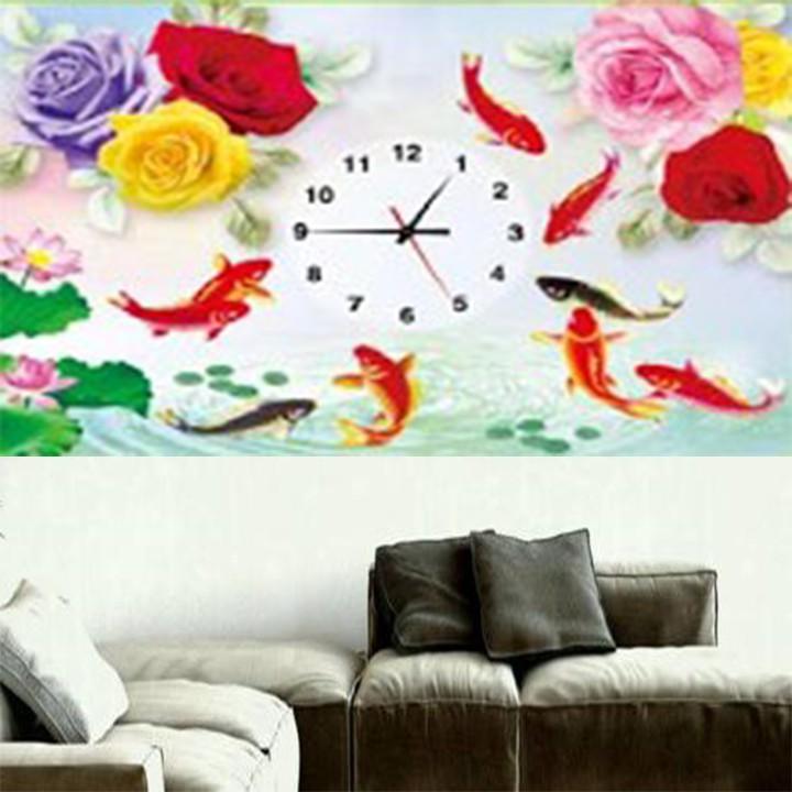 Tranh thêu cá hoa hồng đồng hồ X8191 - kích thước: 55 * 43cm.