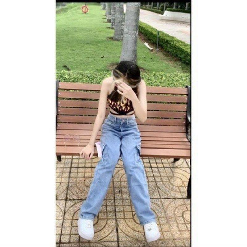 Quần Baggy Jean Nữ Ống Suông Túi Hộp Hai Bên