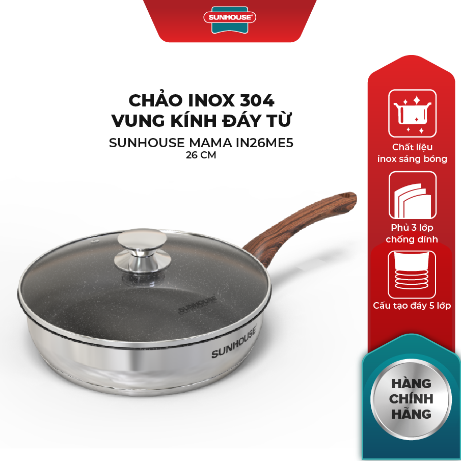 Chảo inox 304 đáy từ ,vung kính cường lực siêu bền, Cán vân gỗ cao cấp Sunhouse MAMA IN24ME5