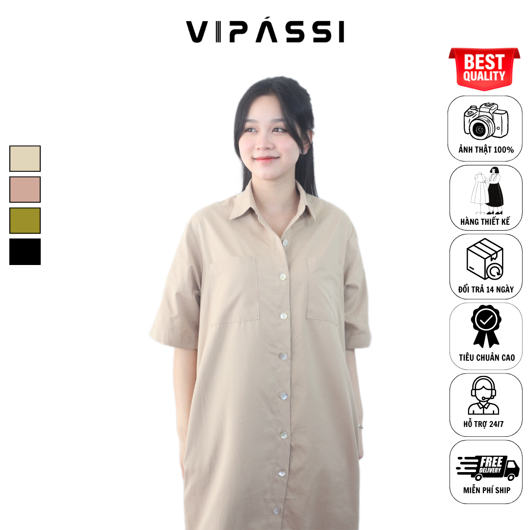 VIPASSI Đầm Suông Dài Linen Cổ Sơ Mi Cài Nút Tay Ngắn 2 Túi Đối Xứng