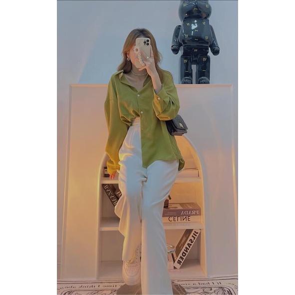 Set áo sơ mi xanh bơ oversize kèm quần suông trắng hack dáng