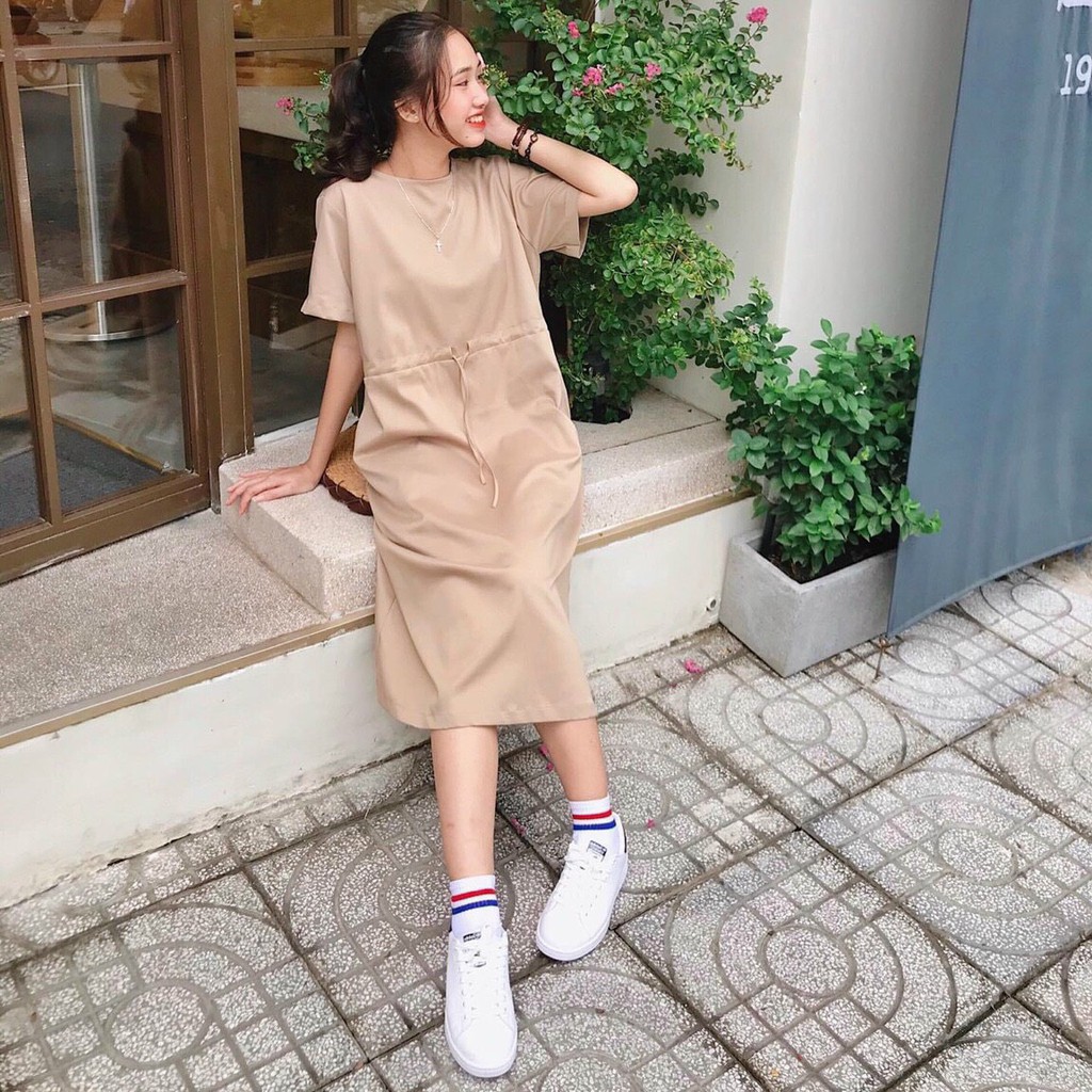 Đầm suông tay lỡ rút eo, váy suông dáng dài phom rộng 3 màu