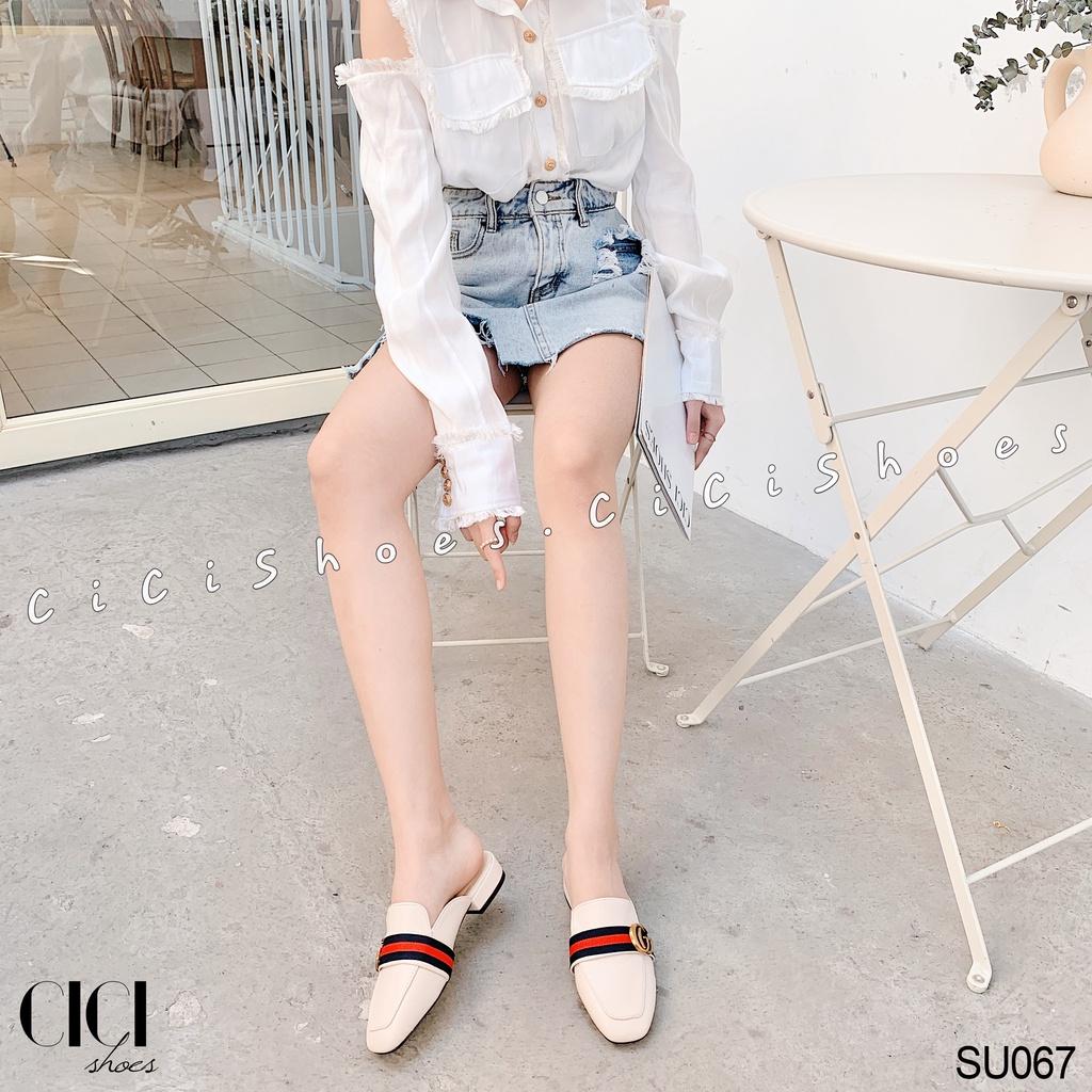 Giày cao gót nữ CiCi Shoes gót da 1cm, dép sục da khoá đồng đai xanh đỏ - SU067