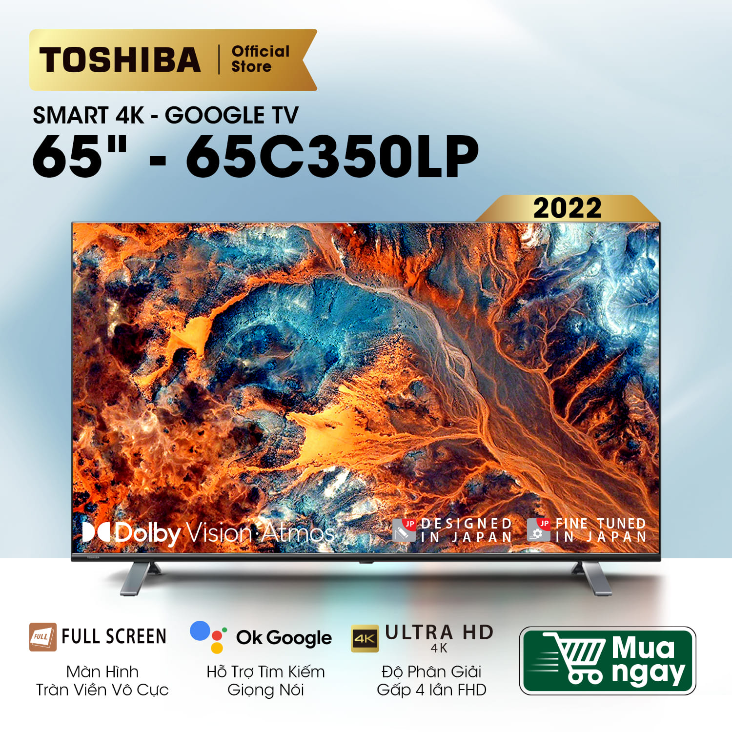 SMART 4K - GOOGLE TV TOSHIBA 65 inch (65C350LP) – Chống ánh sáng xanh - Tìm kiếm bằng giọng nói - Tràn viền - Công nghệ tái tạo màu tiên tiến - Âm thanh Dolby Audio hiện đại - Loa 24W - Wifi 2.4/5GHz - Hàng chính hãng