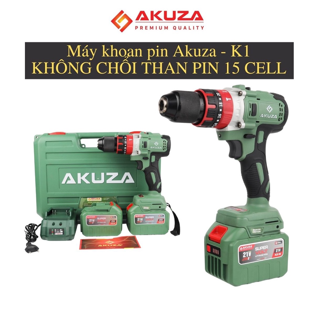 Máy khoan pin 15 cell Akuza đầu auto lock 13mm không chổi than có búa - Máy khoan tắc động siêu khoẻ, siêu bền