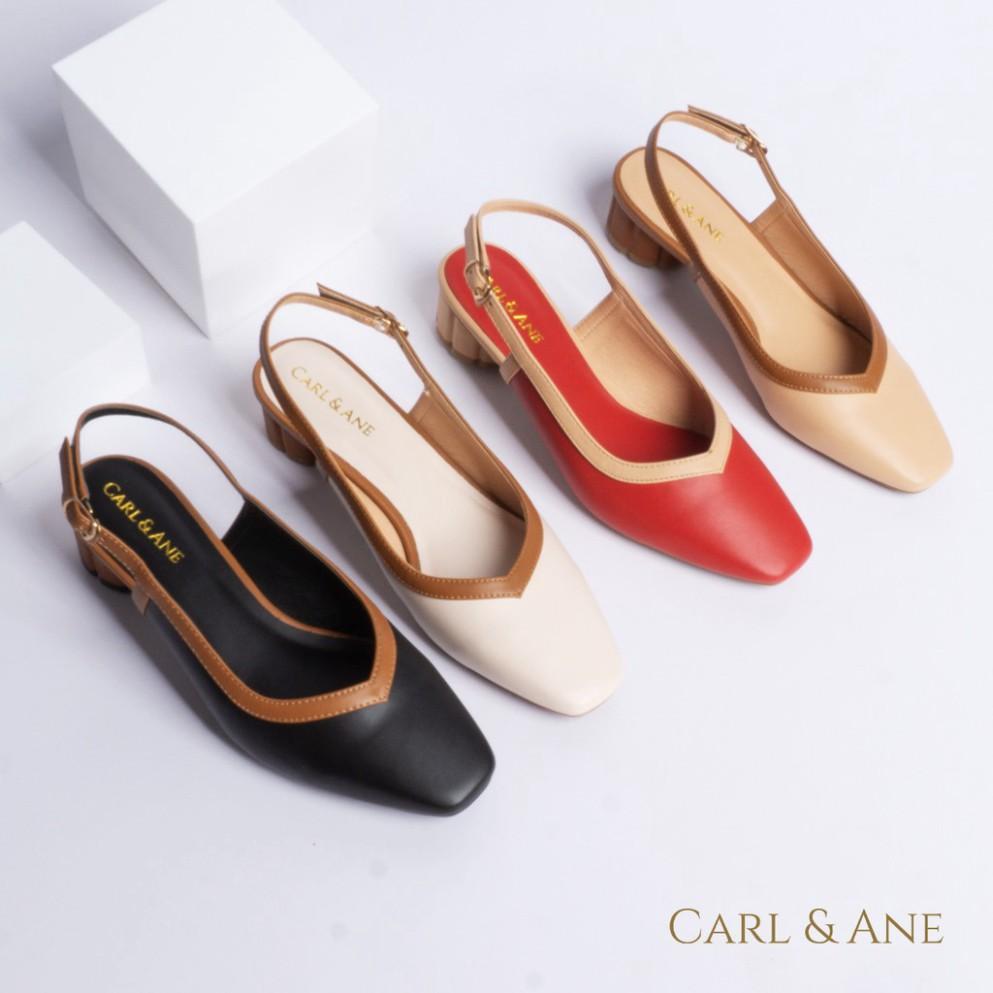 Carl &amp; Ane - Giày cao gót mũi vuông hở gót phối dây cao 3cm màu kem nhạt