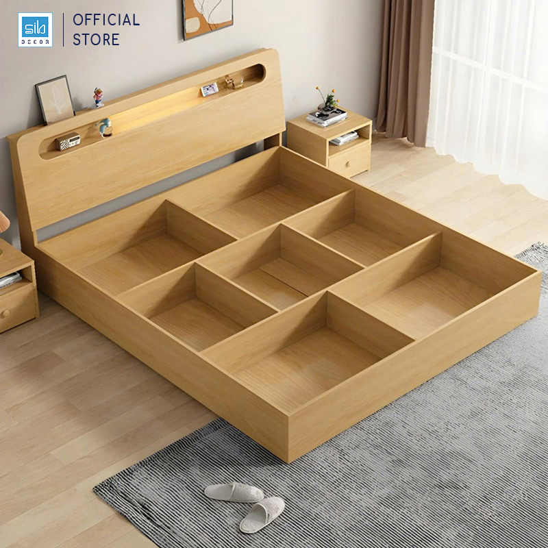 Giường Ngủ Gỗ Hiện Đại Skylar, Có Đèn LED Tích Điện Đầu Giường SIB Decor GN23