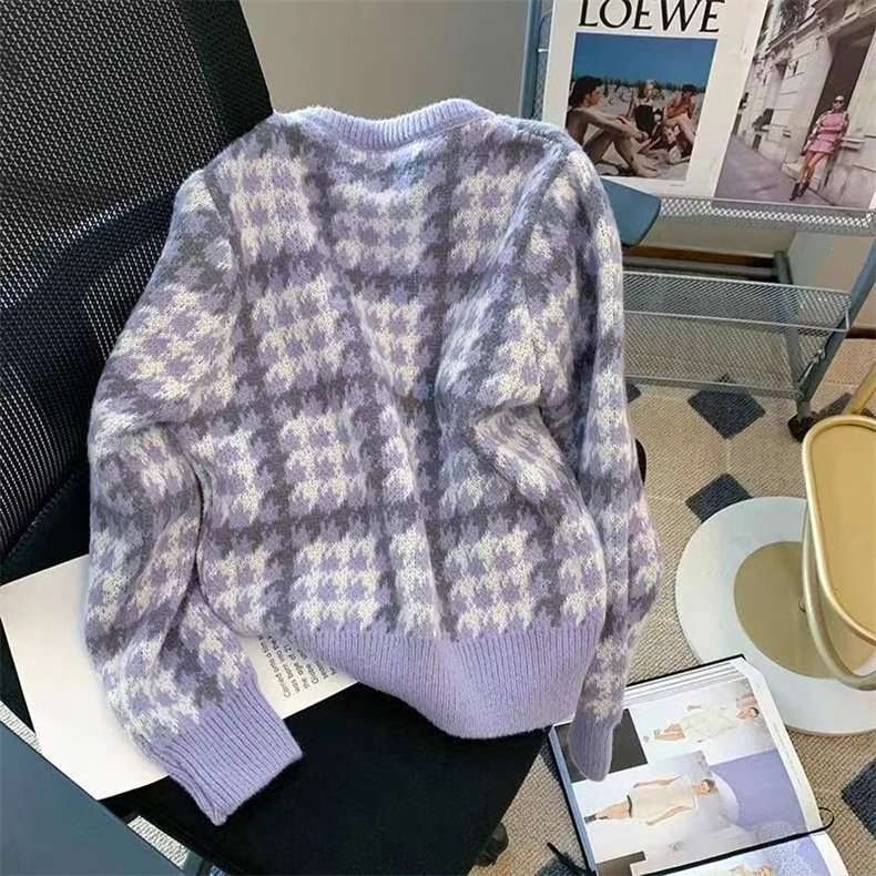 Áo khoác cardigan nữ thiết kế cổ tròn họa tiết xinh xắn vải len dệt kim phong cách Hàn Quốc