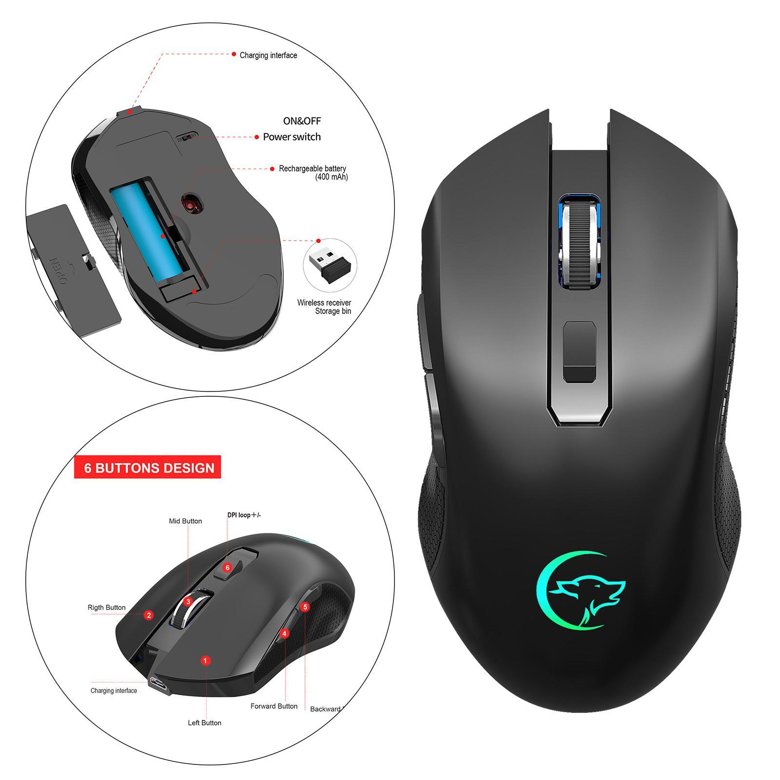 2.4G RGB Gaming Mouse 6 Button Rechargeable with USB Receiver