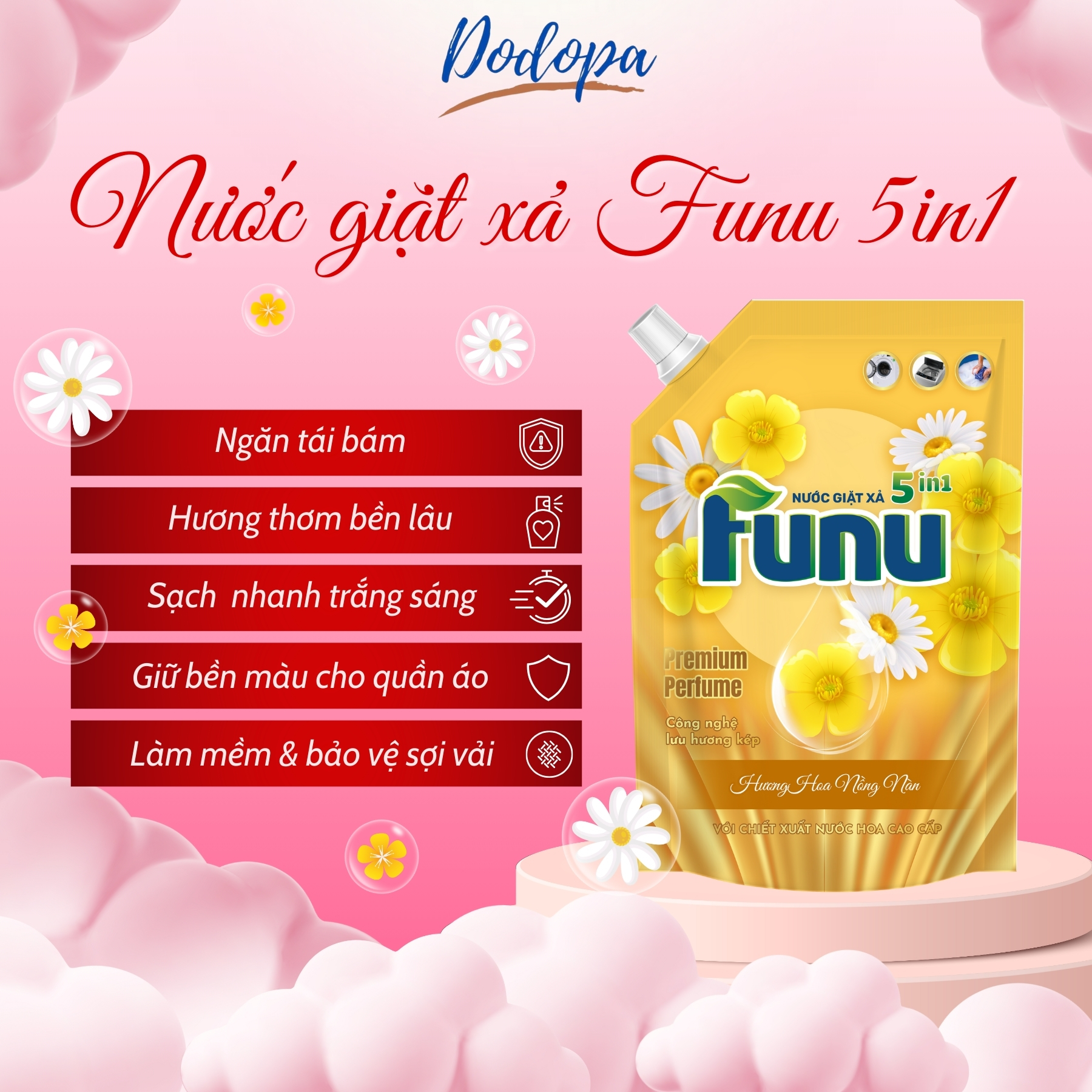 Túi nước giặt xả FUNU 3.6kg/3.5L hương nước hoa giữ bền màu diệt khuẩn ngăn tái bám dùng cho tất cả các loại máy giặt- 2 màu vàng đỏ- Hàng chính hãng