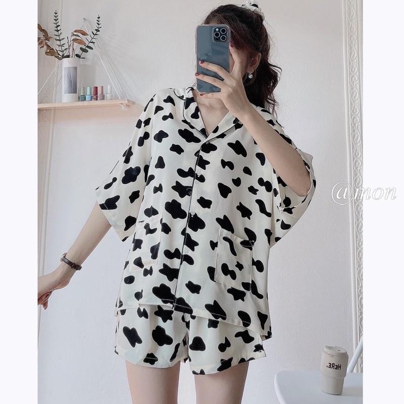 Bộ ngủ Pyjama in hình bò sữa&lt;FREE SIZE&gt; Bộ ngủ nữ siêu xinh,Bộ ngủ hoạt hình(kèm video ảnh thật)