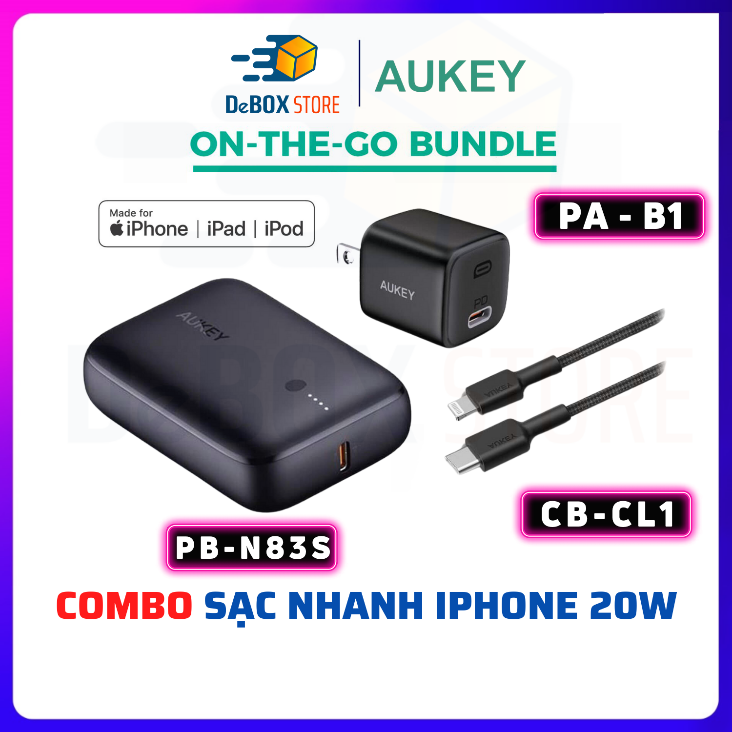 COMBO BỘ PIN SẠC DU LỊCH AUKEY ON THE GO BUNDLE TK-2 (SDP N83S 10.000mAh/Củ B1 20W/Cáp PD CL1 Dài 1,2m) - Hàng Chính Hãng