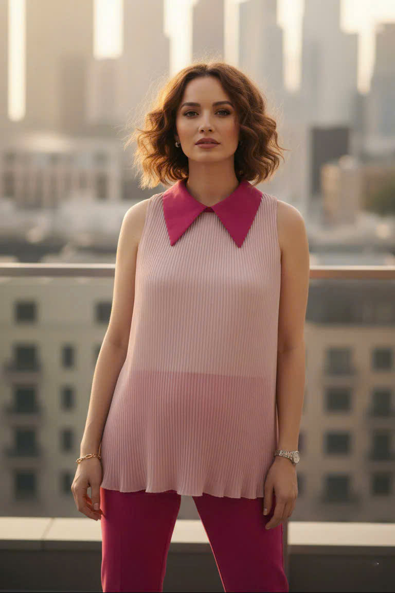 Áo Sơ Mi Vai Yếm Dập Ly, Áo Sát Nách Cổ Sơ Mi Hồng thời trang thiết kế Hity TOP246