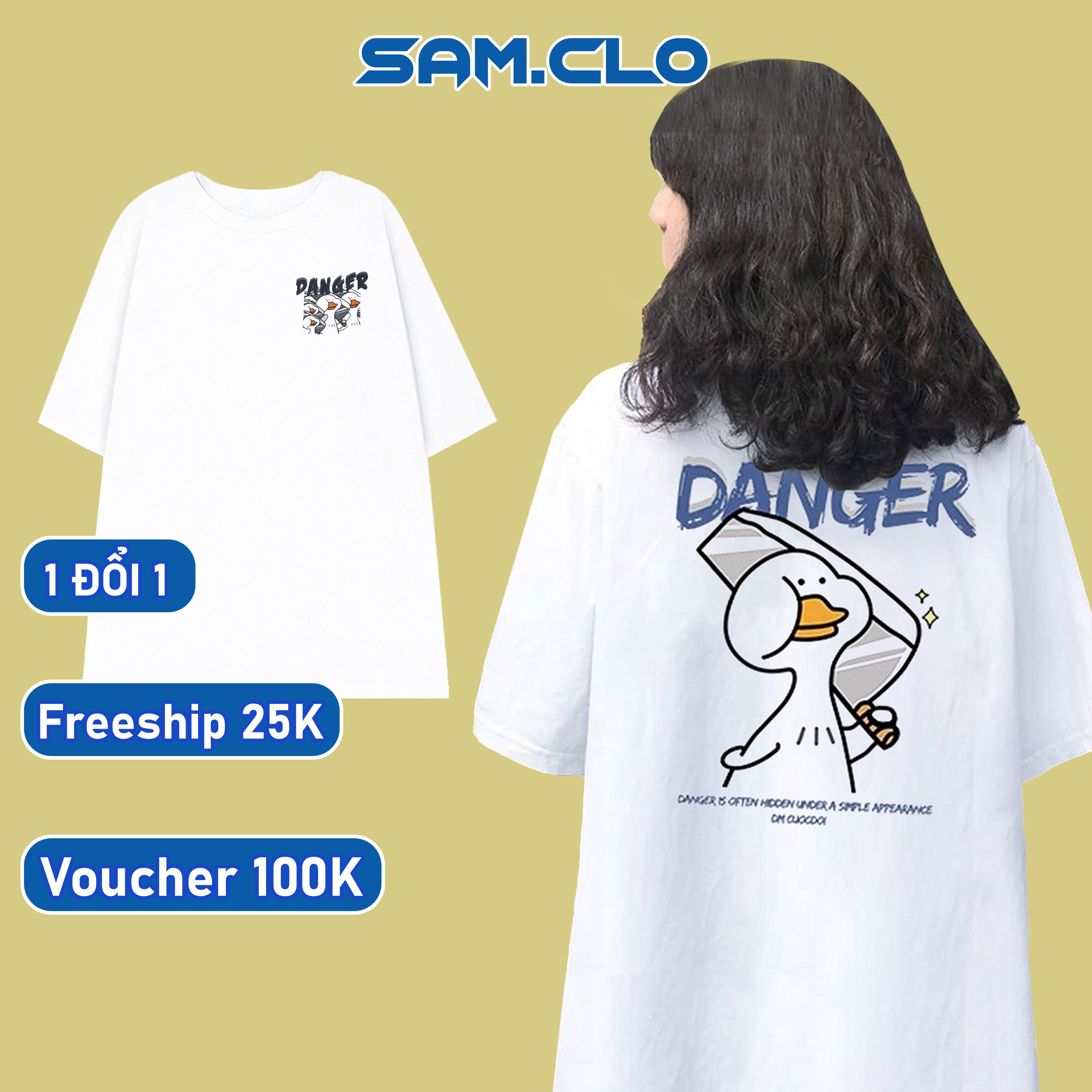 Áo thun tay lỡ nữ freesize phông form rộng dáng Unisex, mặc lớp, nhóm, cặp in HÌNH VỊT DANGER màu trắng