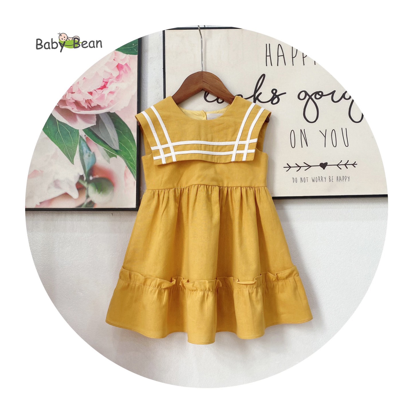 Váy Đầm Linen Cao Cấp Bèo Lai Cổ Thủy Thủ Bé Gái BabyBean