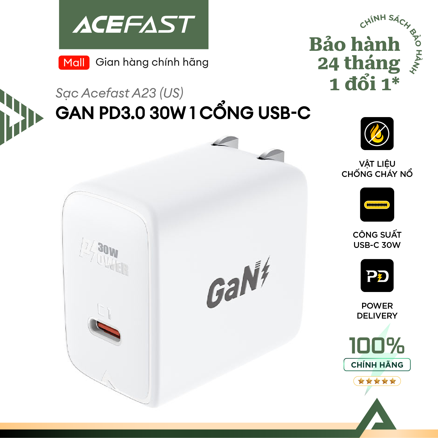 Sạc Acefast GaN PD3.0 30W 1 cổng USB-C (US) - A23 Hàng chính hãng Acefast