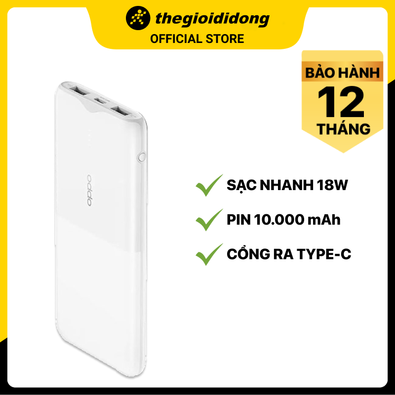 Pin sạc dự phòng Polymer 10.000 mAh Type C PD QC3.0 OPPO PBT02 - Hàng chính hãng