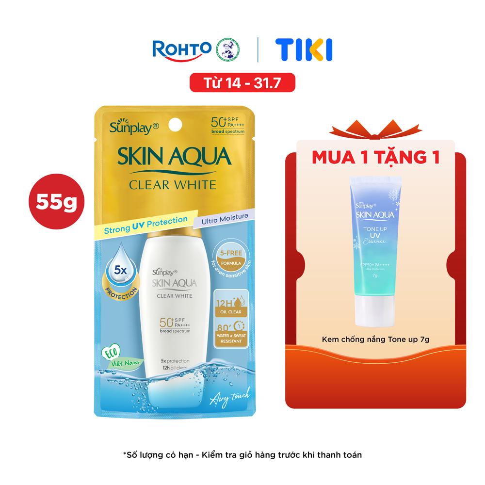 Kem chống nắng Skin Aqua dưỡng trắng, kiểm dầu, dùng hàng ngày dạng sữa Sunplay Skin Aqua Clear White Eco Việt Nam SPF50, PA++++ 55g
