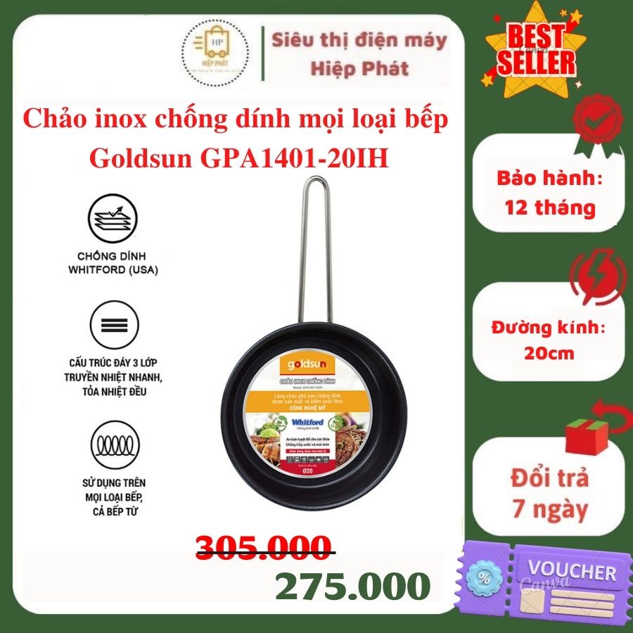 Chảo chống dính bếp từ Goldsun GPA1401-20IH, chất liệu inox, đường kính 20cm, sử dụng mọi loại bếp - Hàng chính hãng