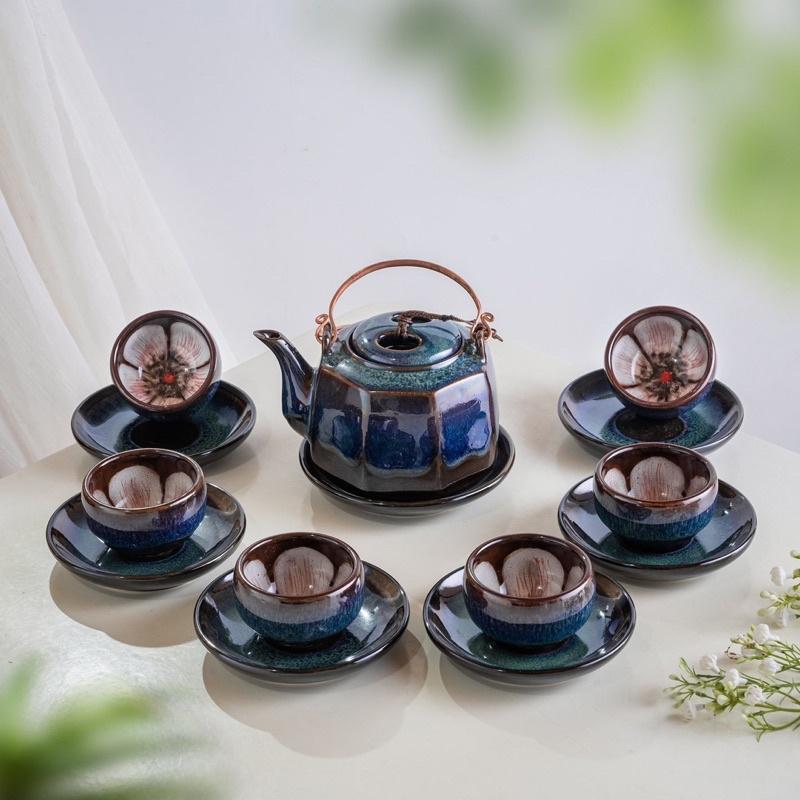 Bộ ấm chén lòng hoa, men hỏa biến. Gốm sứ Bát Tràng.