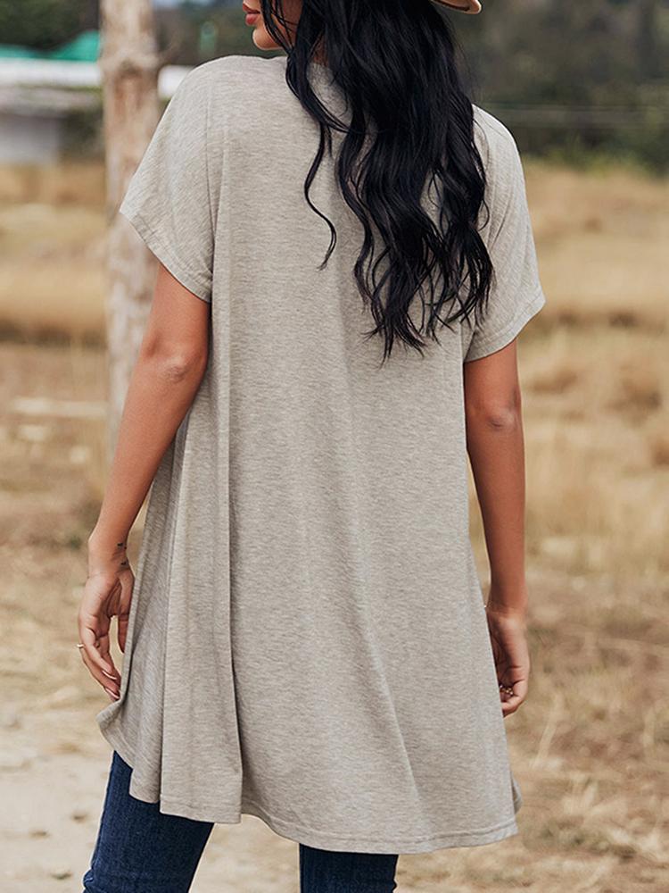 Women Shirt Button Up O Neck Short Sleeve Longer Back Pullover Blouse Casual Loose Tunic Tops