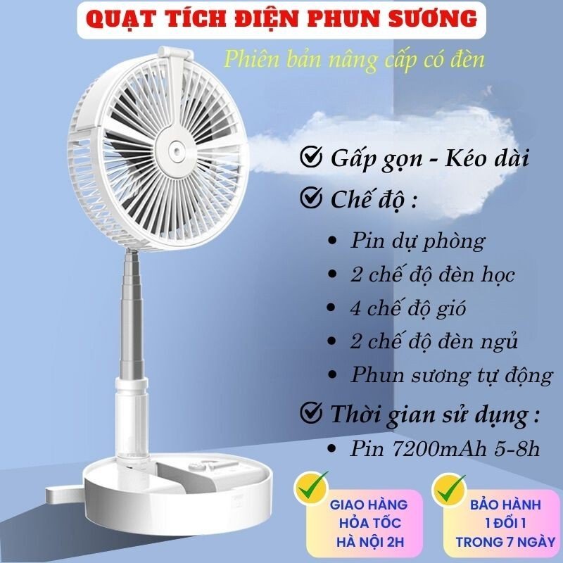 Quạt Tích Điện Pin Trâu Cỡ Lớn Kết Hợp Phun Sương, Quạt Gió Điện Mini Gấp Gọn Thông Minh, Sạc Pin, Kéo Dài 1 mét, Thiết Kế Đẹp