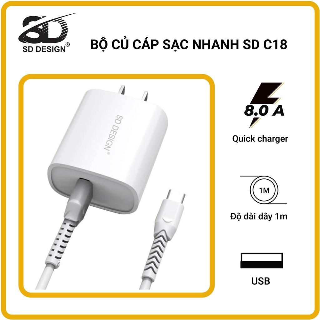 Bộ Sạc Nhanh C18 50W hãng SD DESIGN hỗ trợ sạc nhanh an toàn cho các dòng điện thoại bảo hành 1 đổi 1