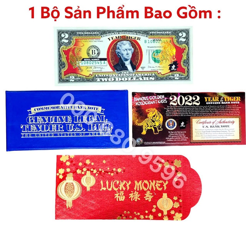 Tiền 2 usd con hổ - 2 đô con cọp mạ vàng, biếu tặng lì xì tết cực VIP. bao da xanh