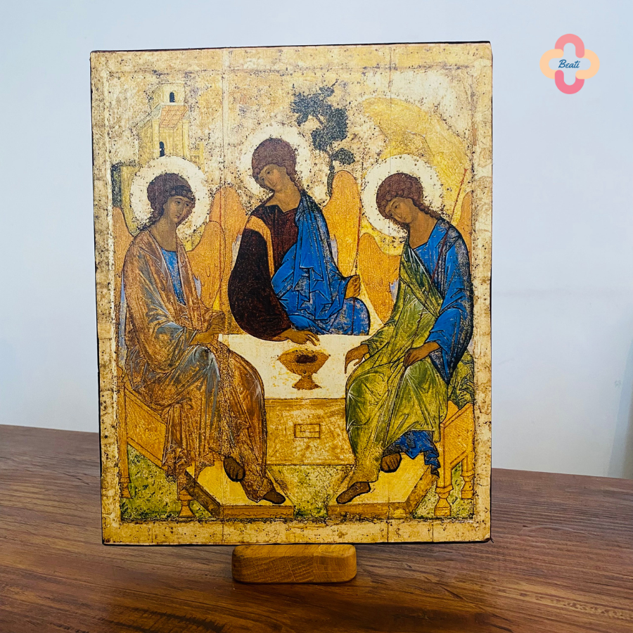 Tranh Gỗ Chúa Ba Ngôi Beati - Tranh Công Giáo Thủ Công Màu Rustic / Icon of the Holy Trinity by Andrei Rublev