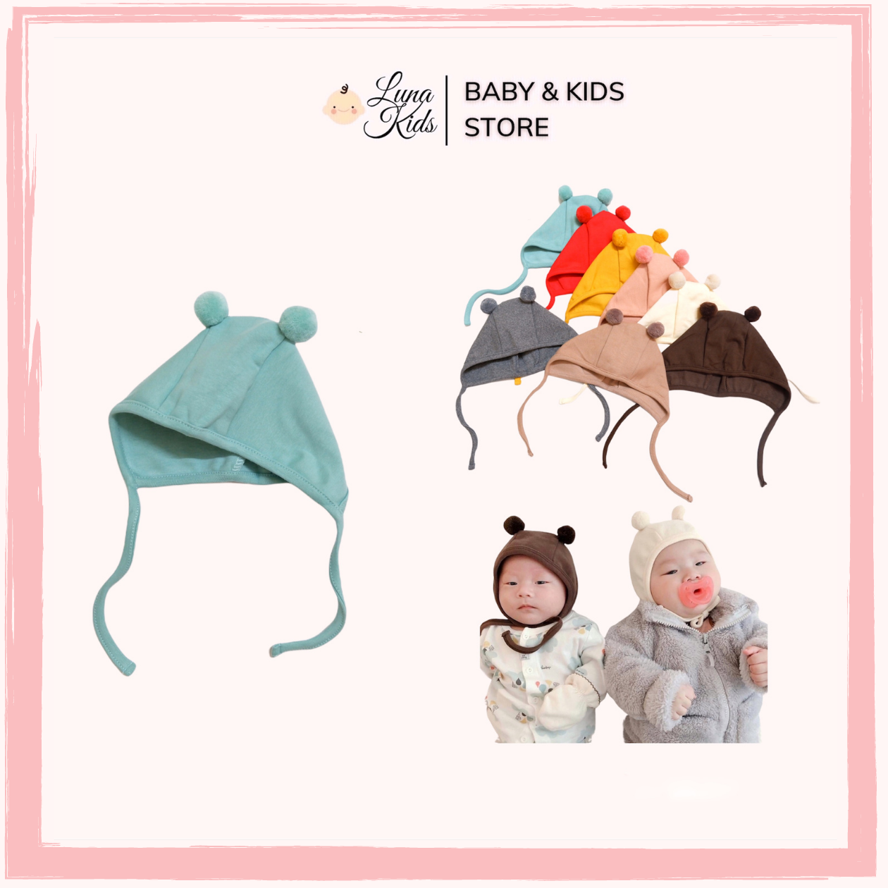 Mũ cotton hai quả bông cho bé yêu, bé trai, bé gái, trẻ sơ sinh - LunaKids [Ảnh thật