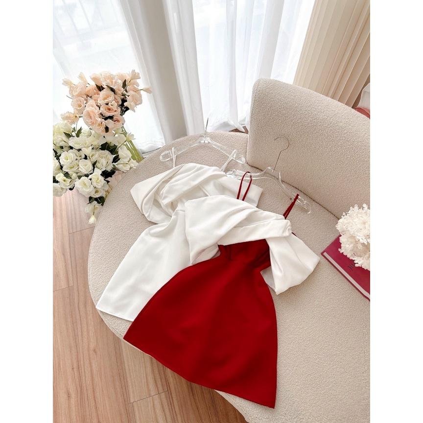 Đầm đỏ 2 dây trễ vai xoắn nơ ngực váy cưới cô dâu mẫu nina lê dự tiệc