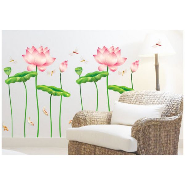 Decal dán tường phòng khách combo đôi hoa sen sang trọng PK207