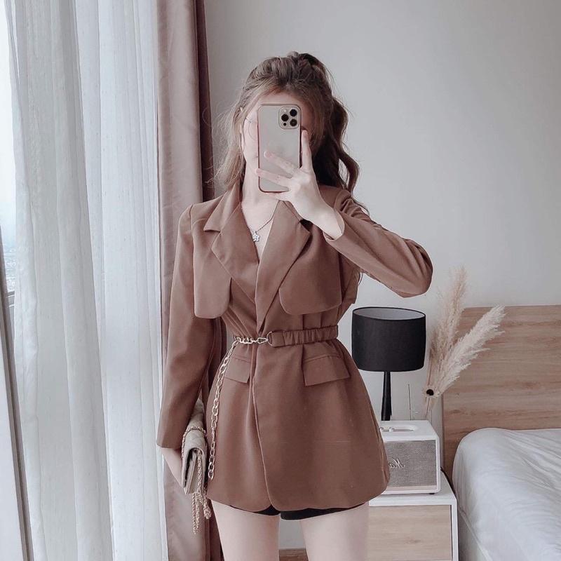 Set áo vest blazer kèm đai màu nâu và đen sang trọng cho nữ