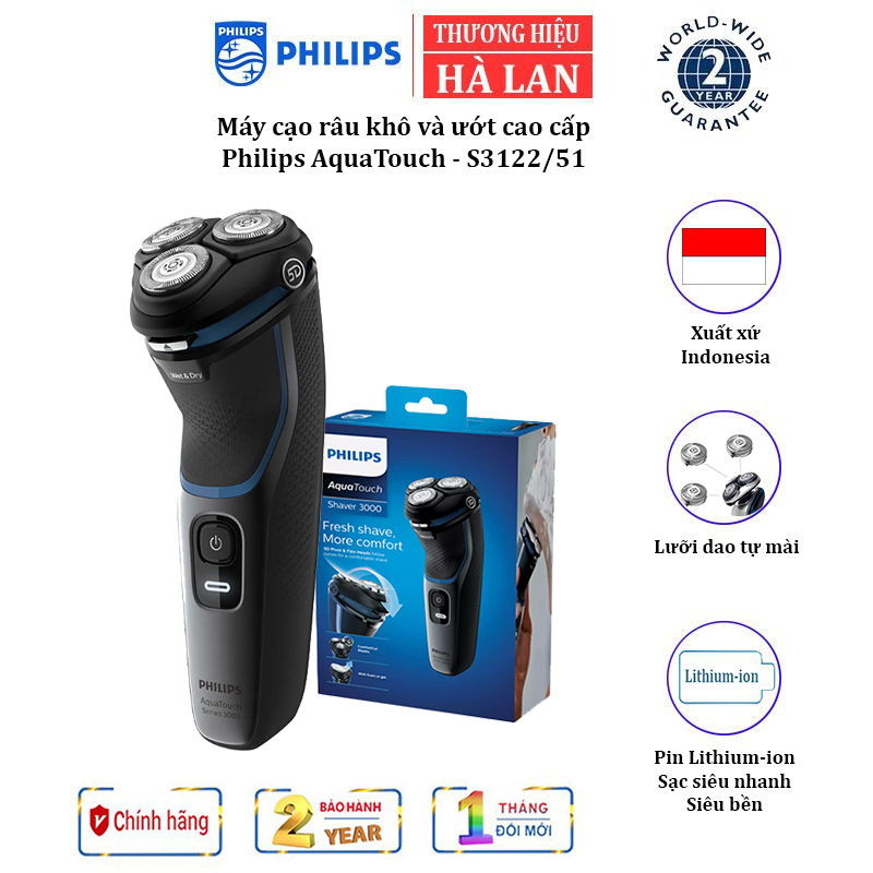 Máy cạo râu khô và ướt Philips AquaTouch dòng 3000 S3122/51 - Đầu cạo 5D Pivot &amp; Flex - HÀNG NHẬP KHẨU