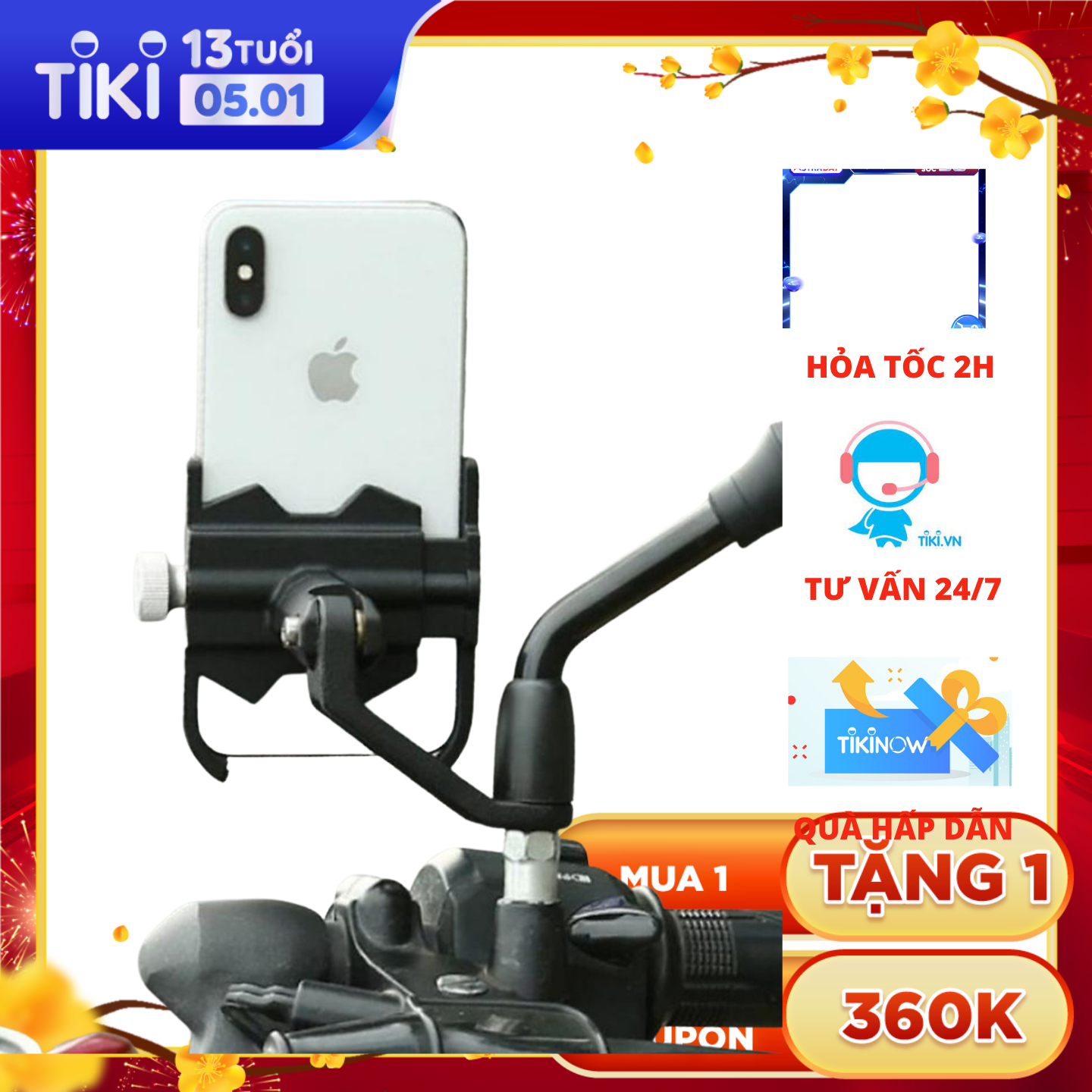 Giá đỡ kẹp điện thoại cho xe máy / xe mô tô Selfiecom A1000 - Hợp Kim Nhôm Cao Cấp Chống Rung, Chống Cướp Giật Điều Chỉnh Xoay Ngang Dọc 360 độ