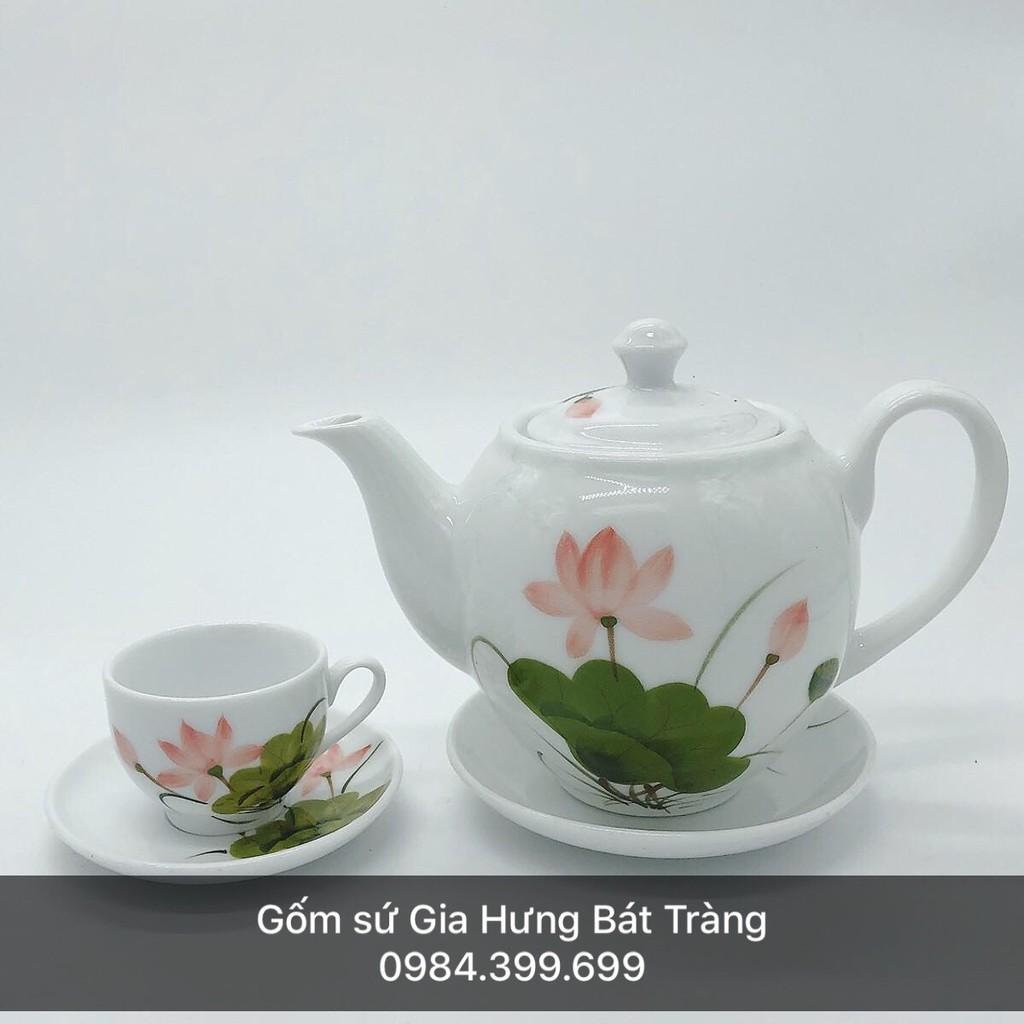 Bộ ấm chén vẽ sen gốm sứ Gia Hưng Bát Tràng