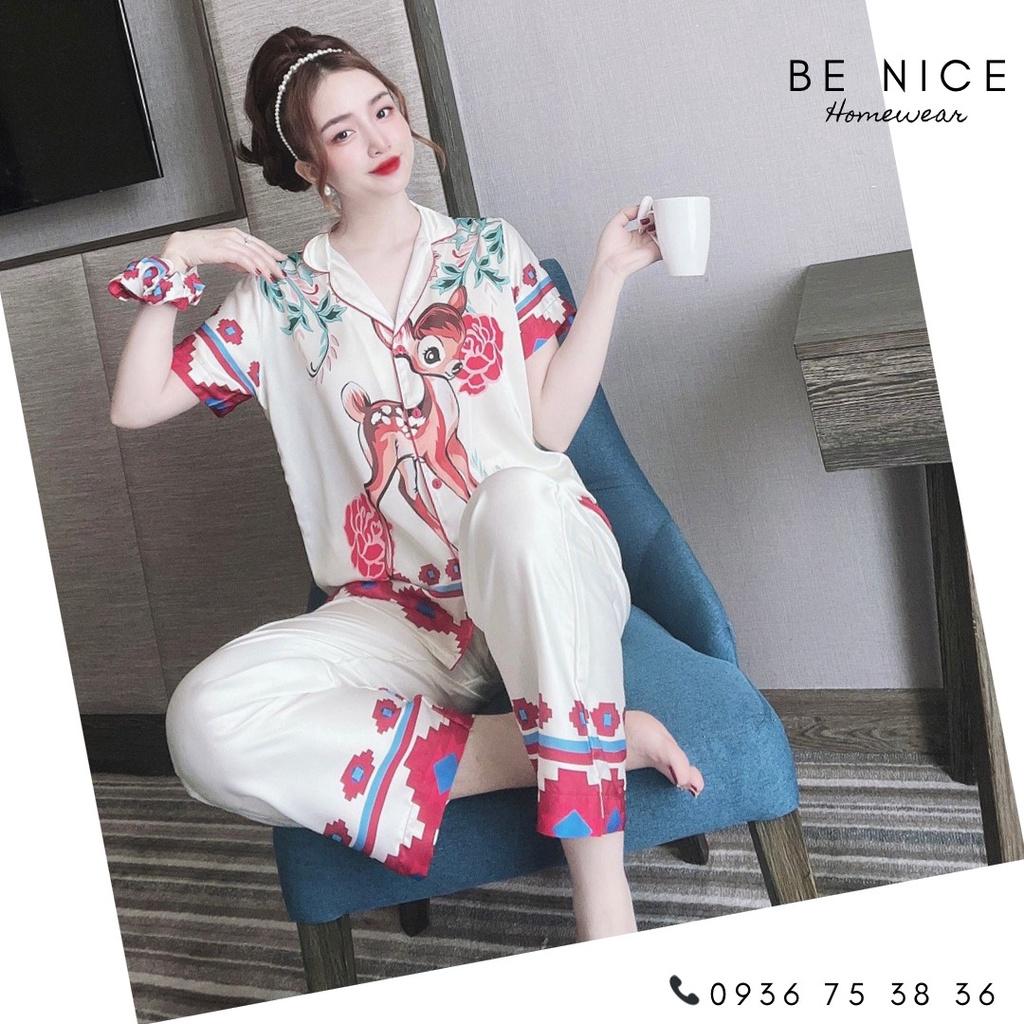 Bộ pijama tay ngắn quần dài họa tiết lạ mắt tặng kèm cột tóc Be Nice Homewear