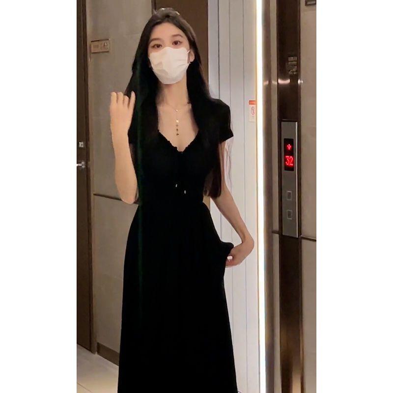 DIYIWEI Phong cách Pháp, thắt lưng, tay áo ngắn, váy cổ chữ V, váy dài mùa hè đơn giản, cao cấp.
